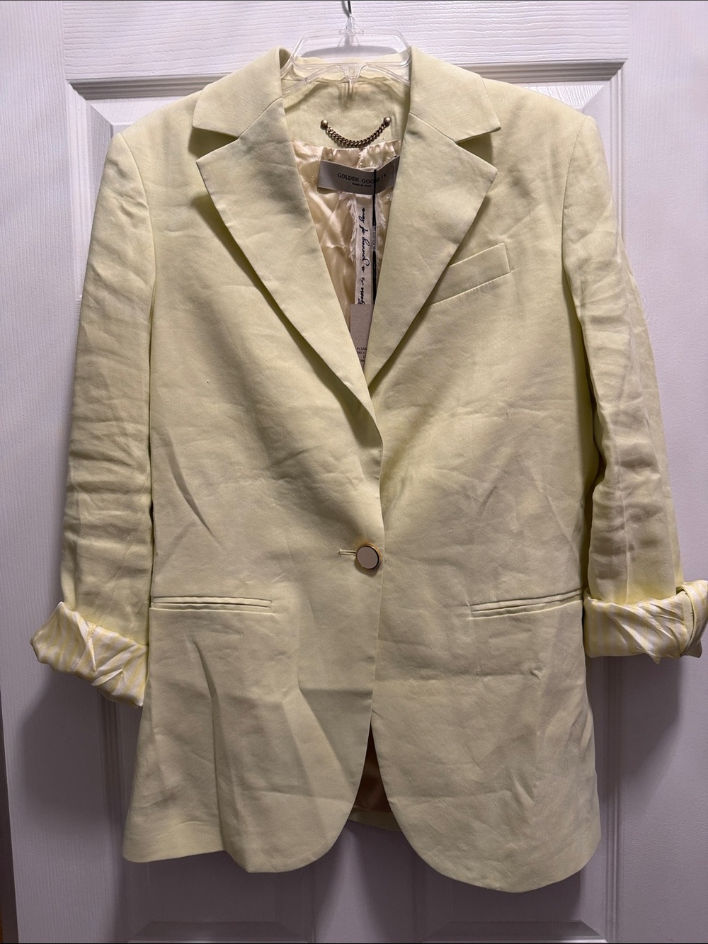 Golden Goose Pale Yellow Single-Button Linen Blend Blazer.